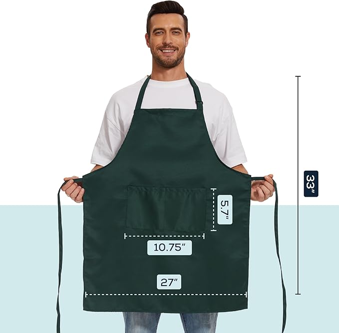 Will Well Kitchen Apron for Men and Women - 33" x 27" Oil-and-Water-Resistant with Adjustable Neck Strap and 38" Waist Ties for a Snug Fit, Lightweight with 2 Front Pockets - 2-Pack, Green