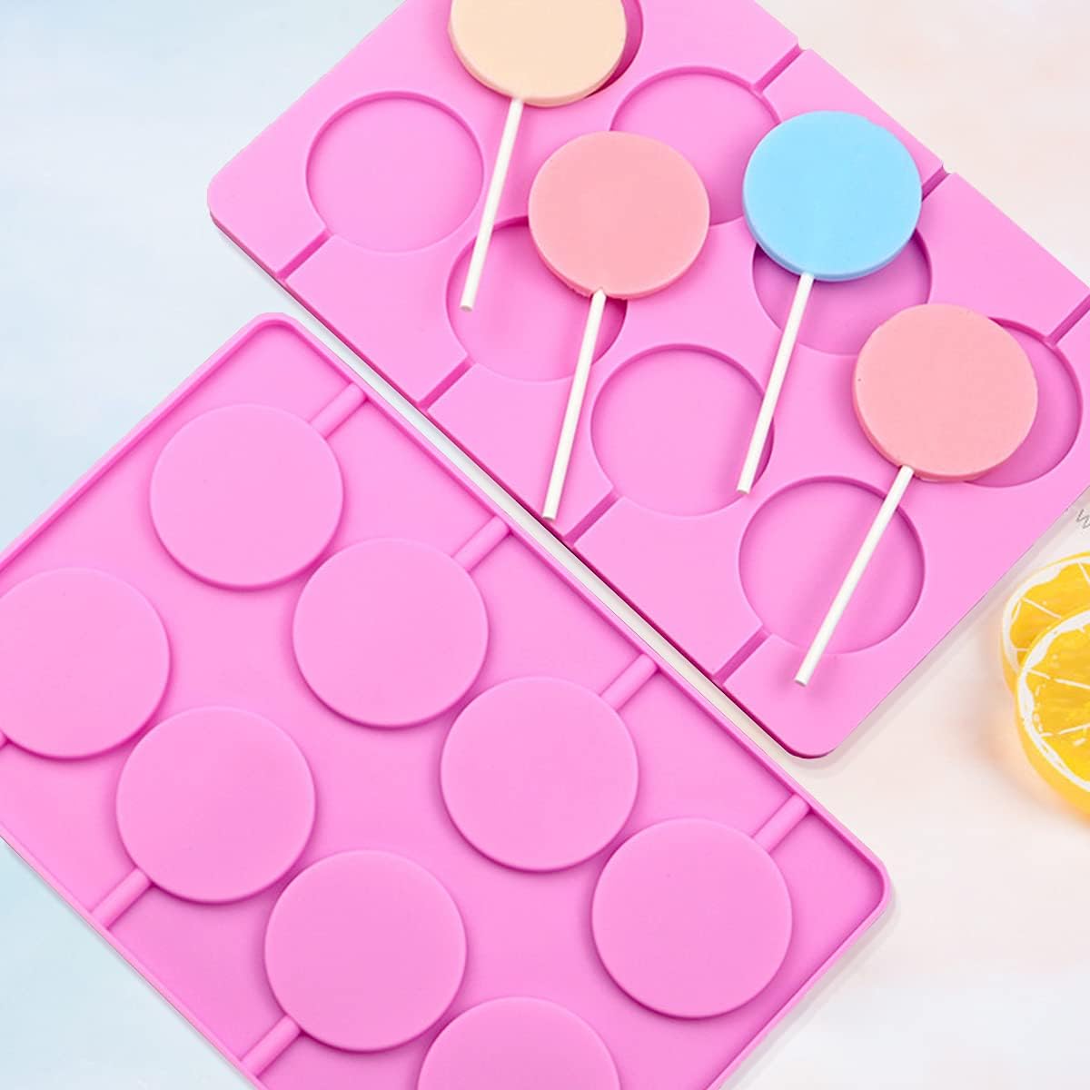 8-Capacity Large Silicone Lollipop Molds, Chocolate Hard Candy Mold with 60pcs Sucker Sticks, Candy Treat Bags, Gold Ties. Great for Sucker, Hard Candy, Lollipop, Cake pop (Large Round)
