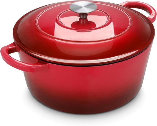 LIFERUN 6 Qt Enameled Cast Iron Dutch Oven Pot with Lid,Oven Safe up to 500° F, Non-Stick Dutch Oven with Dual Handles for Bread Baking, Fry Foods, Braising, Stews, Roasting (Red)