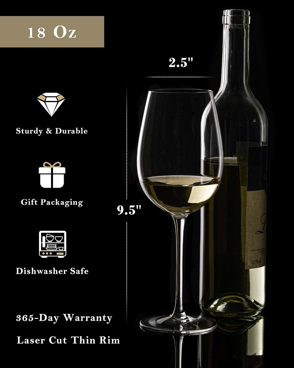 JBHO Crystal Wine Glasses - Hand Blown Red or White Wine Glasses -18 Ounce - Set of 2 - Lead-Free Premium Crystal - Long Stem Wine Glasses - Clear