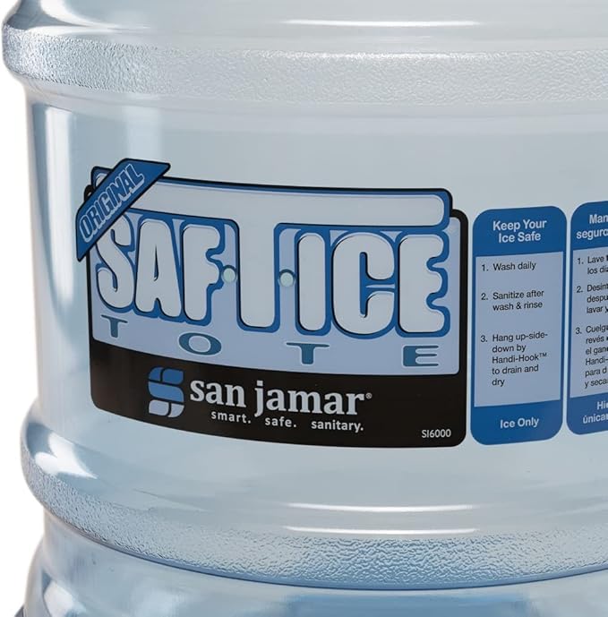 San Jamar Saf-T-Ice Plastic Ice Tote, Ice Bucket with Drying and Storage Hook for Restaurants, Bars, Catering Events, Buffets, 6 Gallons, Blue
