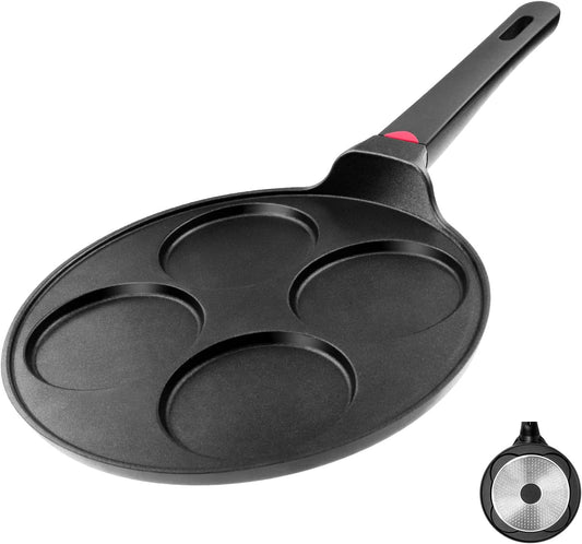 Pancake Pan Nonstick-Suitable for All Stovetops & Induction Cooker, 10.5 Inch Mini Silver Dollar Grill Blini Griddle Crepe Pan, 4 Molds Cake Egg Skillet, 100% PFOA Free Coating