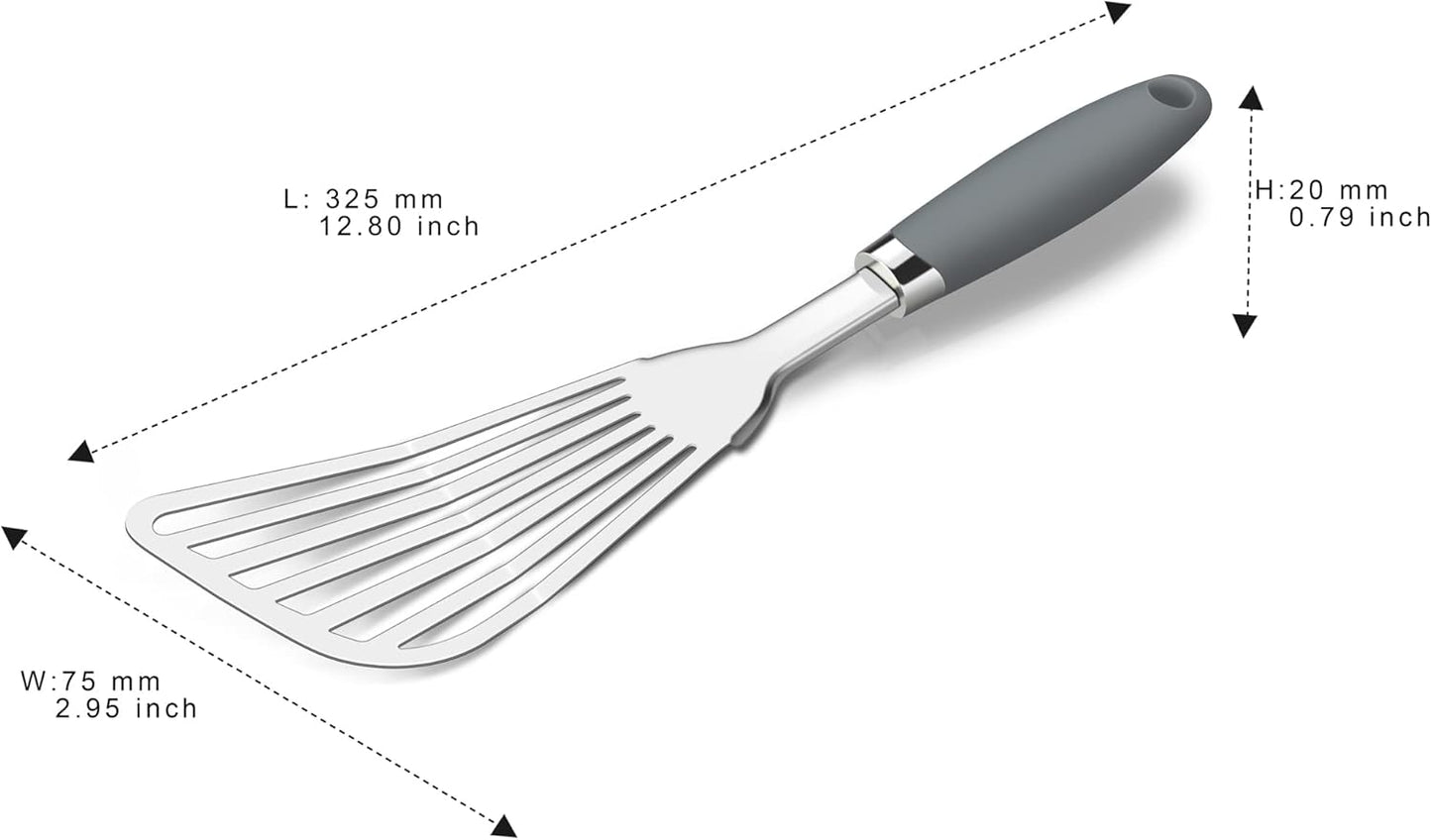 304 Stainless Steel Fish Spatula, Non-Slip Ergonomic Handle Slotted Spatula, Grey