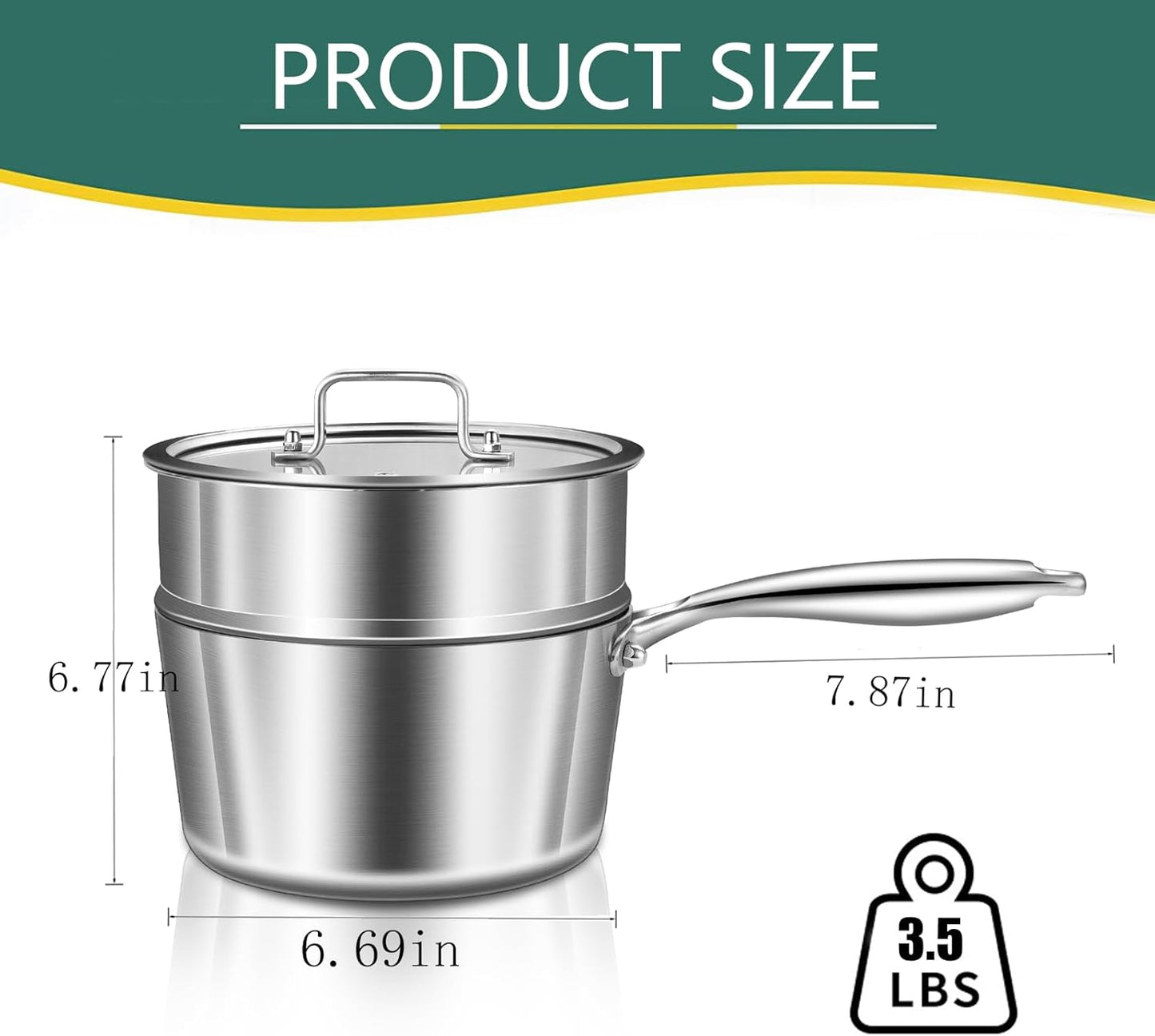 DELARLO Kitchen Tri-Ply Stainless 3-Quart Steamer Set With Glass Lid,with Ergonomic Handle, Multipurpose Sauce Pan, Sauce Pot,oven safe