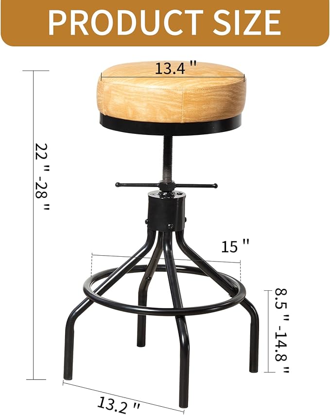 Swivel Bar Stools Adjustable Swivel Barstools Modern PU Leather 28inch Round Backless Counter Height Stool Metal Industrial Bar Chair for Kitchen Island (1, Ash Wood PU Leather)