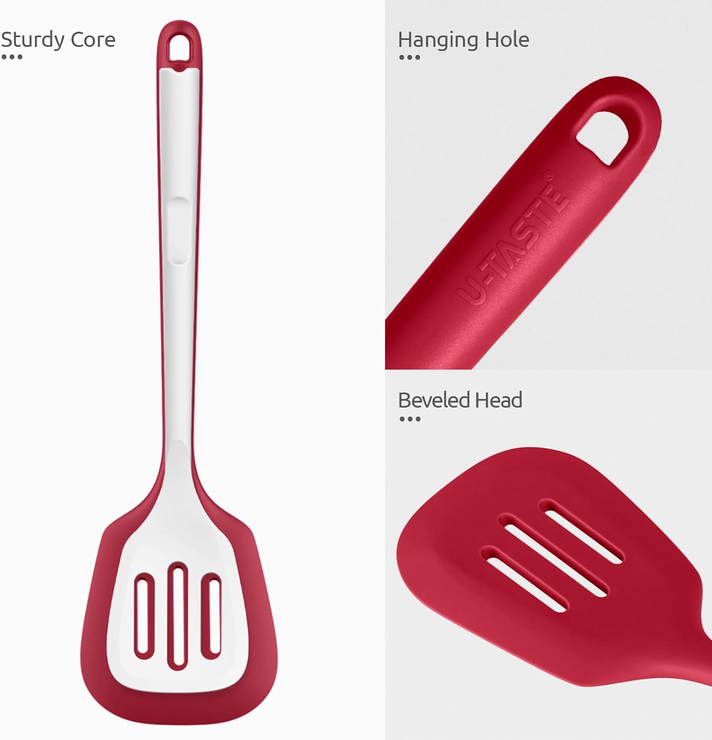 600ºF Heat Resistant Slotted Turner: U-Taste 13.6in Silicone Kitchen Spatula Flipper, 3.74in Wide Food Grade Flexible Thin Rubber Cooking Utensil for Egg, Pancake, Cookie in Nonstick Cookware (Red)