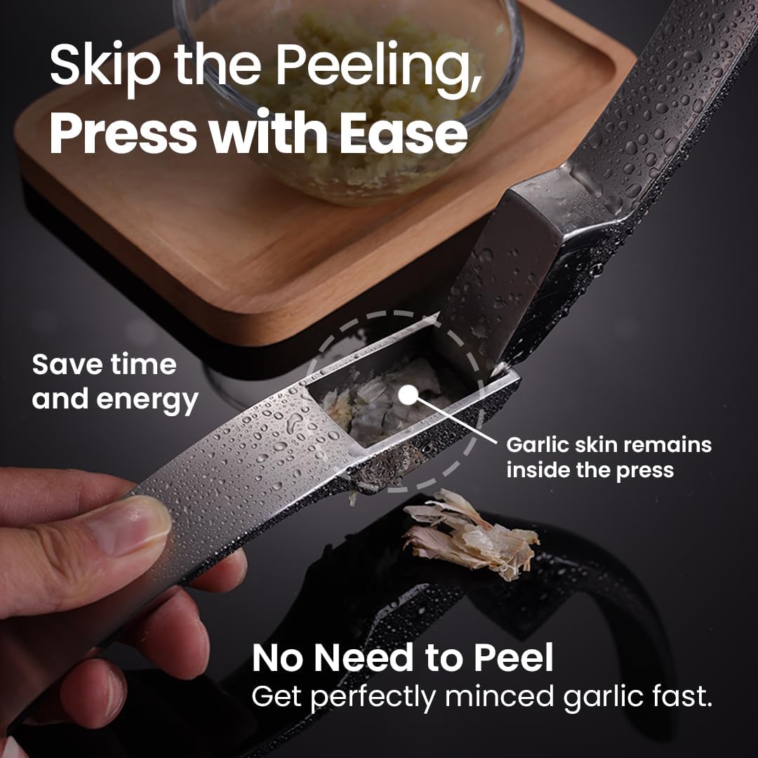 No Peeling Required Garlic Press Stainless Steel Detachable Handle for Coarse Mince, Premium Garlic Mince Tool, Rust-Proof, Easy to Clean, Dishwasher Safe, Garlic Crusher Lifetime Replacement