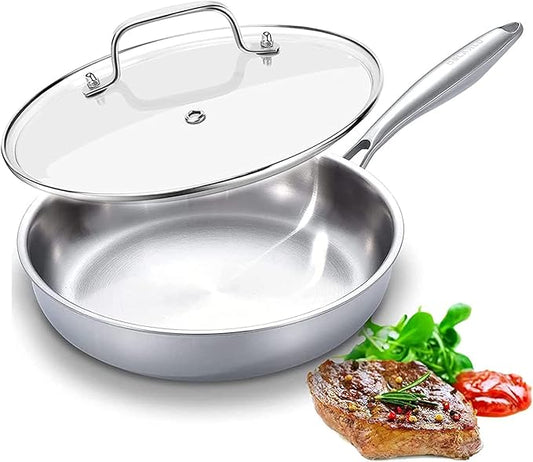 DELARLO Stainless Steel Pan丨10 Inch Skillet with Lid丨Oven Safe Up to 600℉丨Triply Stainless Steel Cookware丨Stainless Steel Pan 10 in丨Induction Compatible丨Fast Even Heat丨Large Cooking Surface
