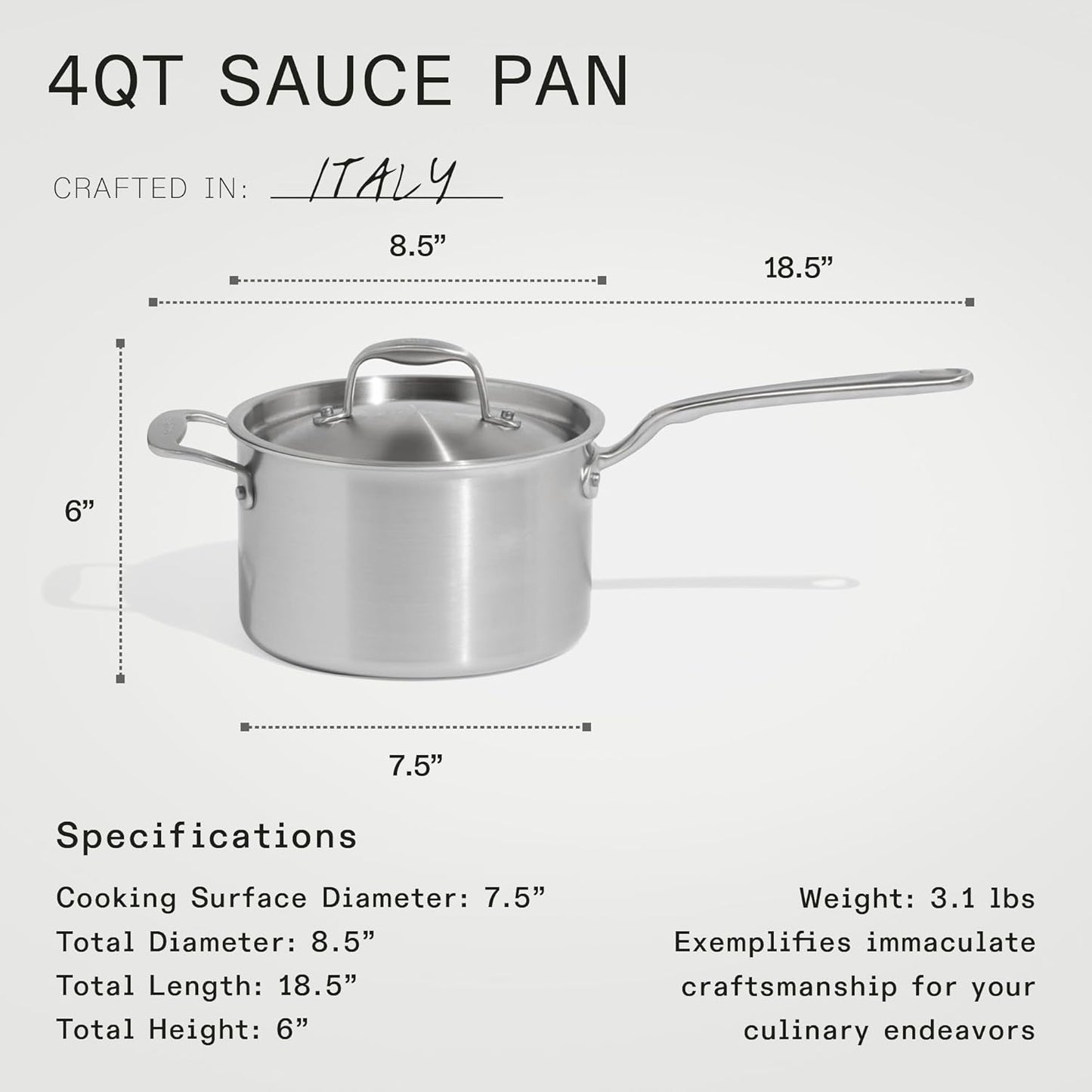 Made In Cookware - 4 QT Ceramic Non Stick Saucepan with Lid - 5-Ply Stainless Clad with Stay-Cool Handle - Professional Cookware - Crafted in Italy - Induction Compatible