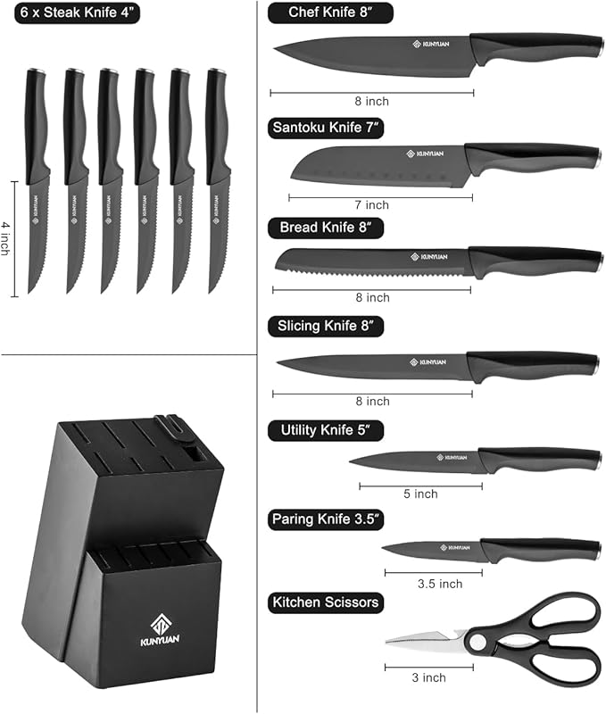 KUNYUAN Kitchen Knife Set, 15-Piece Knife Set with Self-Sharpening Block, Ergonomic Design, 6 Steak Knives, Anti-Slip Handle, Black