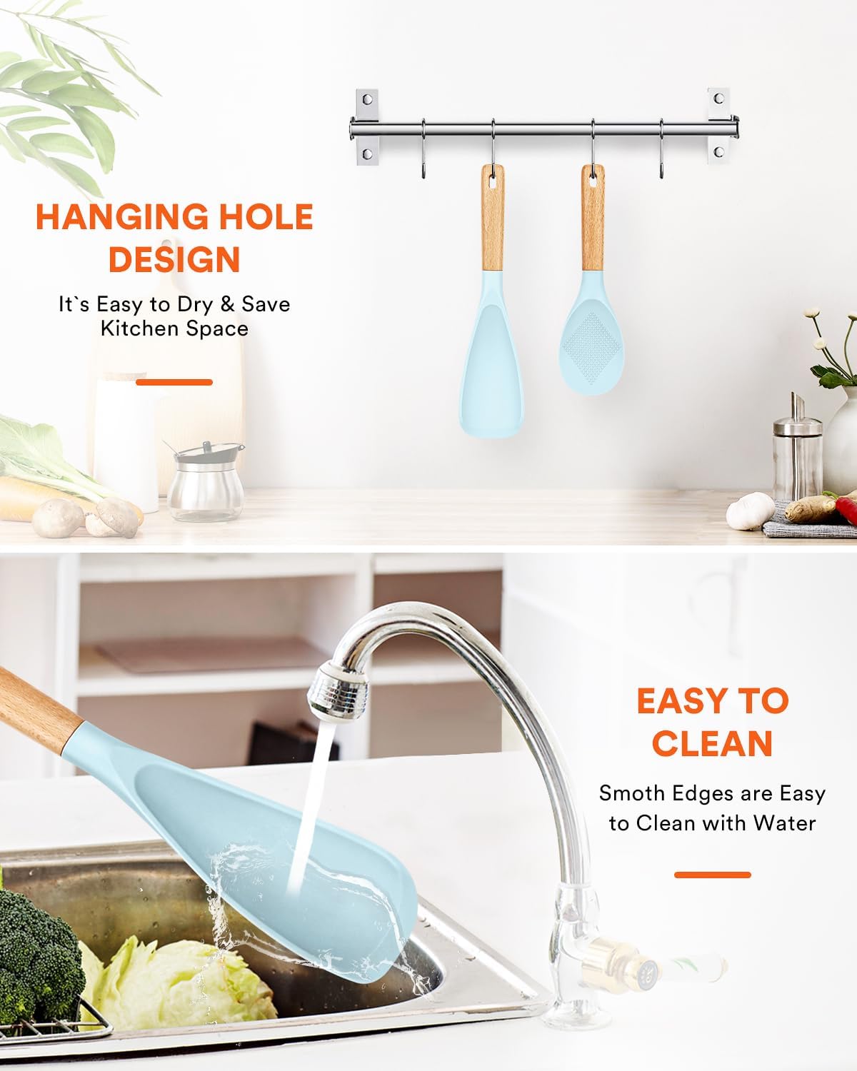 Cooking Spoon and Rice Scooper for Nonstick Cookwares, Great for Cooking and Serving Sturdy BPA-Free Matte Silicone, Wood Handle Spoon for Mixing, Scoop, and Scrape (BLUE)