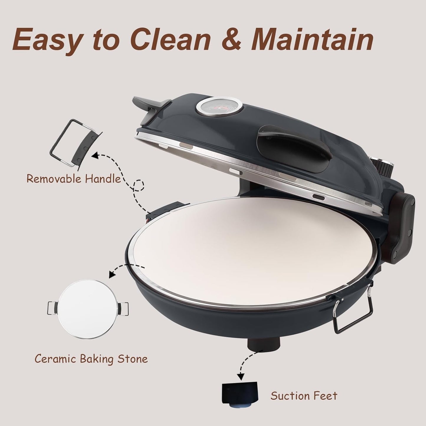 12" Electric Pizza Oven - Countertop Pizza Maker with Ceramic Stone, Heats up to 800°F, Portable Indoor Pizza Oven for Homemade Pizzas, Grey