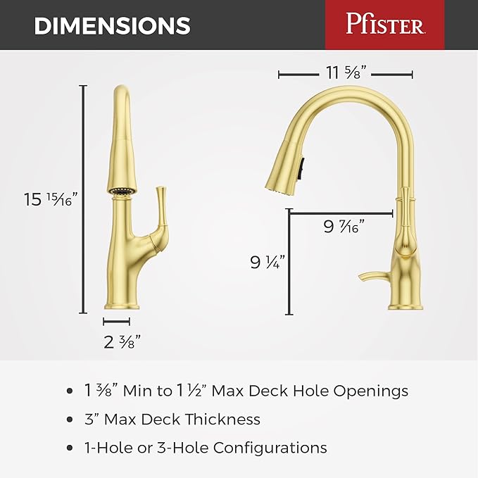 Pfister Alderwood Kitchen Faucet with Pull Down Sprayer and Soap Dispenser, Single Handle, NSF Certified, Brushed Gold Finish, F5297AWBG