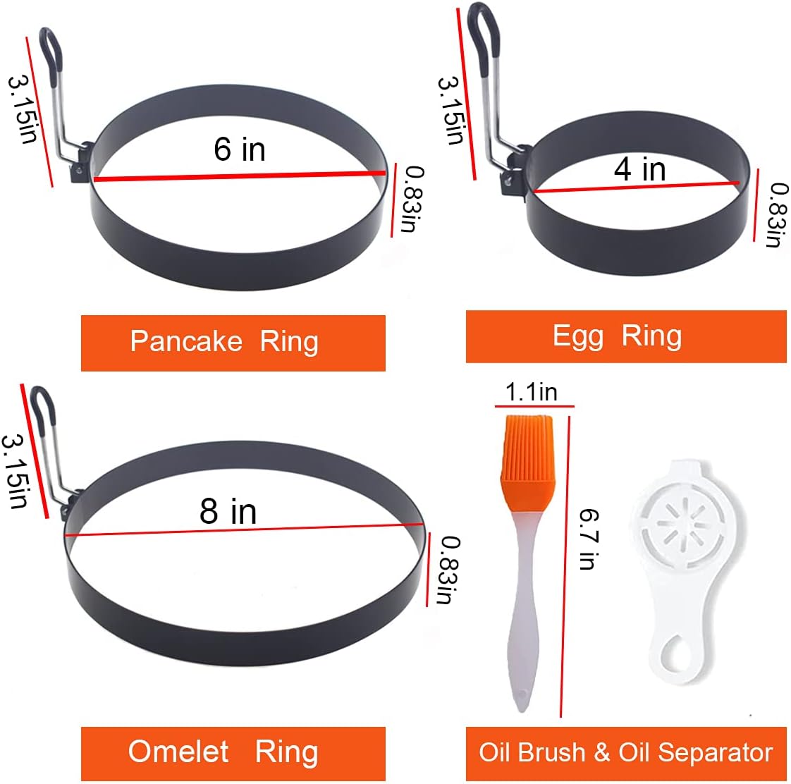 8" Omelette Ring,6" Pancake Ring,4" Griddle Egg Ring,Non-stick Stainless Steel Egg Cooker Omelet Ring Set(Upgrade Large 3 Packs Egg Cooking Rings for Griddle Frying Egg with Oil Brush & Egg Separator)