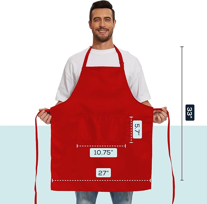 Will Well Kitchen Apron for Men and Women - 33" x 27" Oil-and-Water-Resistant with Adjustable Neck Strap and 38" Waist Ties for a Snug Fit, Lightweight with 2 Front Pockets - 6-Pack, Red