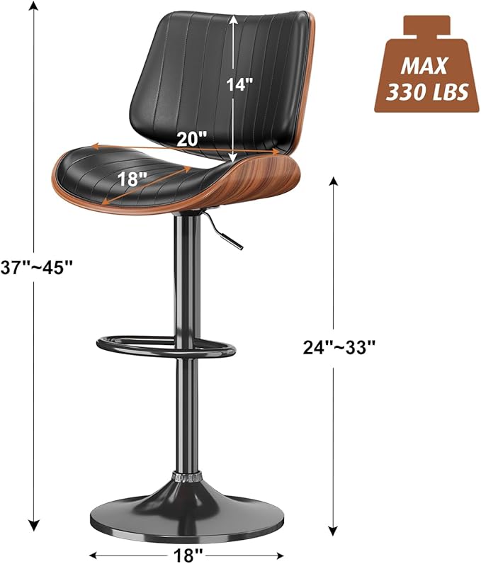 Swivel Bar Stools Set of 3, Adjustable Bentwood Barstools for Kitchen Counter, Modern PU Leather Upholstered Bar Chair with Back and Footrest, for Kitchen Island, Bar, Dining Room, Black