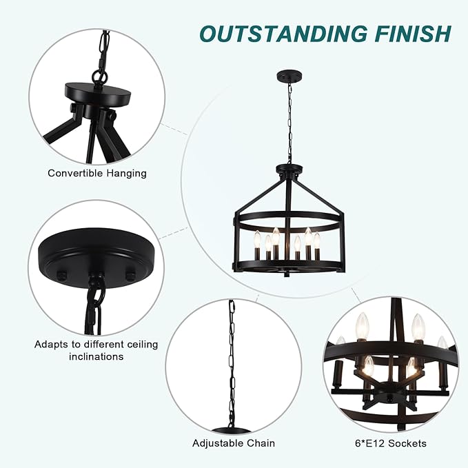 6-Light Black Farmhouse Chandelier for Dining Room,20" Modern Hanging Pendant Lighting for Kitchen Island,Rustic Semi Flush Mount Ceiling Light Fixture Drum Chandeliers for Foyer Kitchen Entryway