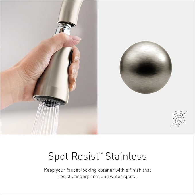 Moen Adler Spot Resist Stainless One-Handle High Arc Kitchen Sink Faucet with Power Clean Pull Down Sprayer, 87233SRS + Deck Mounted Kitchen Lotion or Soap Dispenser with Refillable Bottle, 3942SRS