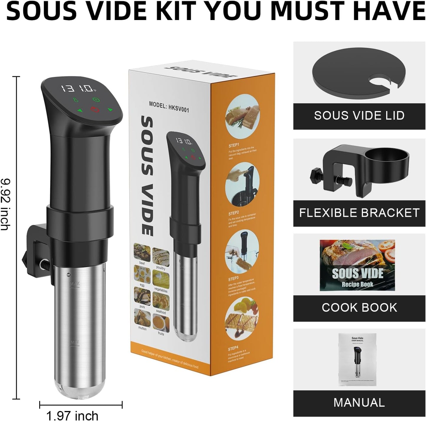 Sous Vide Machine-Suvee Cooker-Rocyis Sous Vide Kit with Lid, Recipes-1000W Fast Heating Immersion Circulator/Accurate Temperature and Timer/Digital Touch Screen, Stainless Steel (US Standard)