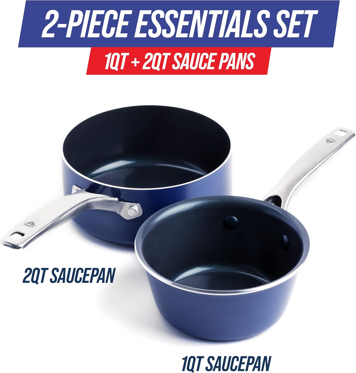 Blue Diamond Cookware 1QT and 2QT Saucepan Set, Diamond Infused Ceramic Nonstick, PFAS and PFOA-Free, Dishwasher Safe, Oven Safe, Durable, Versatile, Easy Clean, Even Heating, Blue