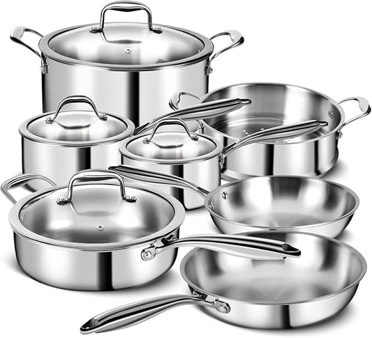 3 Ply Stainless Steel 11-Piece Cookware Set with Lids, Pots and Pans Kitchen Set, Non-Toxic, Induction, Oven, Dishwasher Safe, Professional Chef Quality