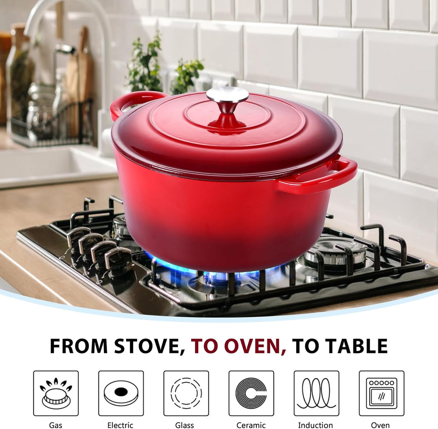 E-far Enameled Cast Iron Dutch Oven with Lid, 6 Quart Round Dutch Oven Pot Nonstick Cookware for Braising, Stews, Roasting, Bread Baking, Cooking, Heavy Duty, Induction & Oven Safe - Red