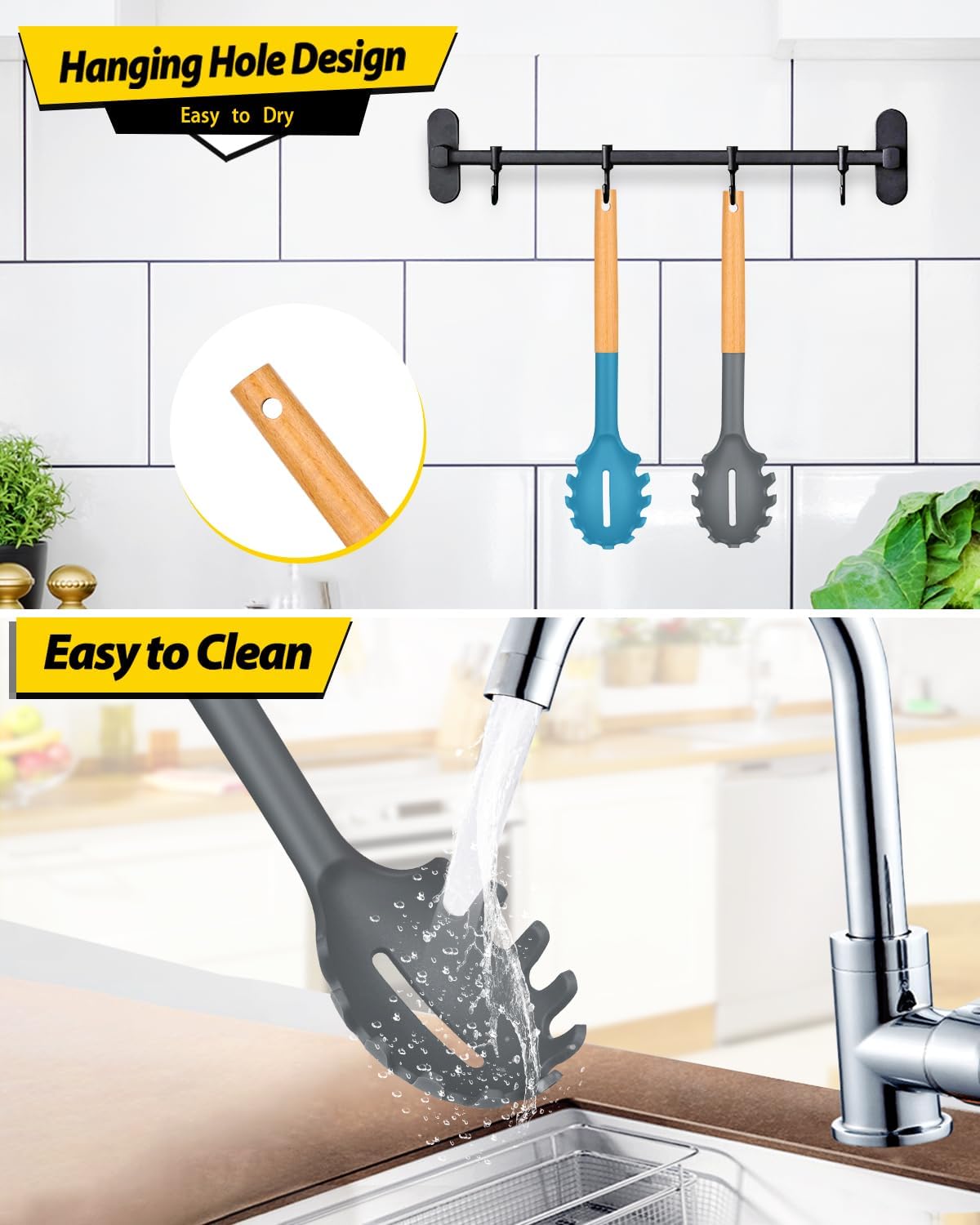 Pack of 2 Spaghetti Spoon, Silicone Pasta Fork with Wooden Handle, Heat Resistant Noodle Spoon Server, BPA Free Spaghetti Strainer(GRAY-BLUE)