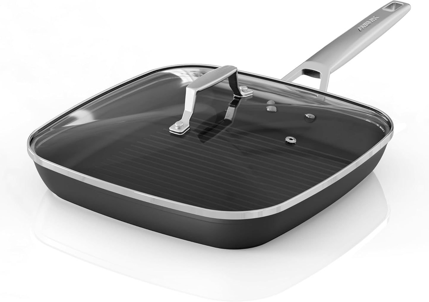 MsMk Square Grill Pan with Lid, 9.5 Inch Titanium and Ceramic Nonstick Grilling Skillet Pan,Stay-Cool Handle,Compatible with All Stovetops,PFOA Free,Dishwasher & Oven Safe,Indoor Chicken Skille