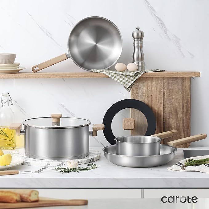 CAROTE 7 Pcs Stainless Steel Cookware Set, 3-ply Base Induction Available Stainless Steel Pots and Pans Set, Tempered Glass Lids, Induction Kitchen Cookware Sets, Stay-Cool Handles