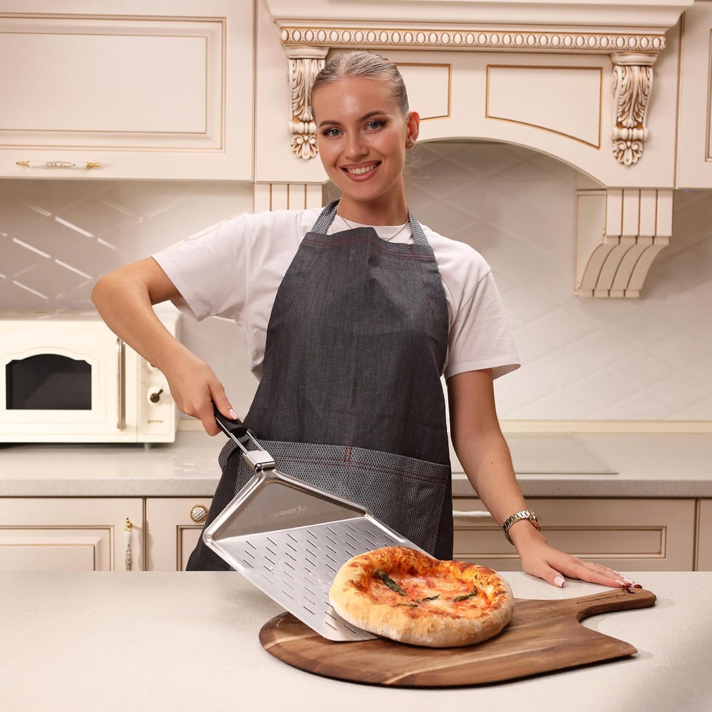 KitchenStar Perforated Pizza Peel 12 inch with 10 inch Folding Handle, Medium - Stainless Steel Spatula Paddle for Effortless Pizza Transfer & Easy Storrage - Outdoor Pizza Oven Accessories