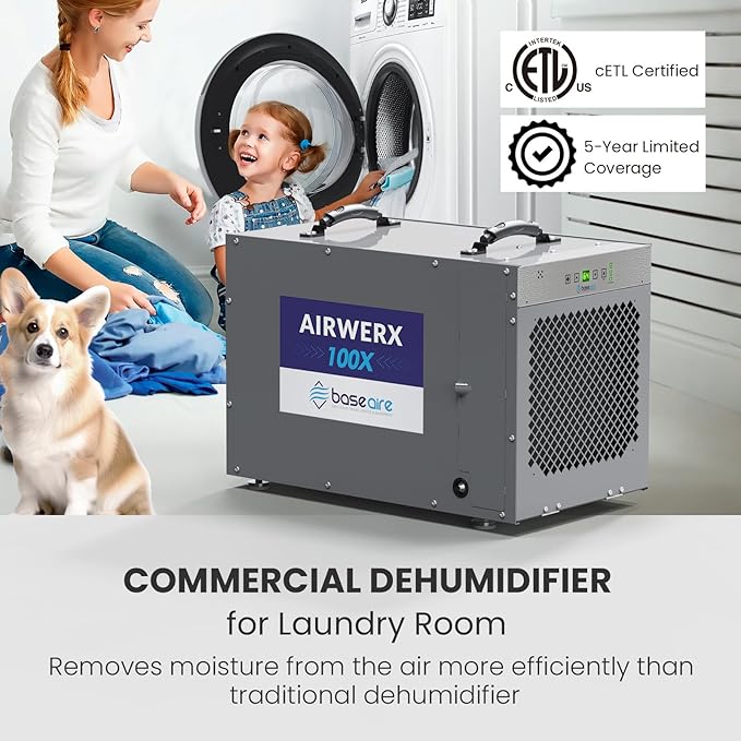 BaseAire 220 Pints Crawlspace Dehumidifiers with Pump and Drain Hose, Commercial Dehumidifier for Home,Garage and Basement, Large Capacity, Compact, Auto Defrost, Intelligent Control, Up to 2900 Sq Ft
