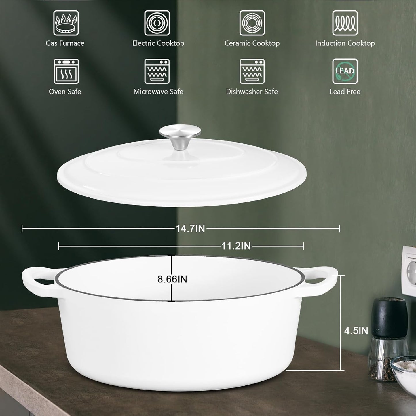 5QT Oval Dutch Oven Pot with Lid, Leonyo 5 Quart Enameled Oval Cast Iron Dutch Oven for Sourdough Bread Breaking, Heavy Duty Cookware for Braising, Stews, Roasting, White