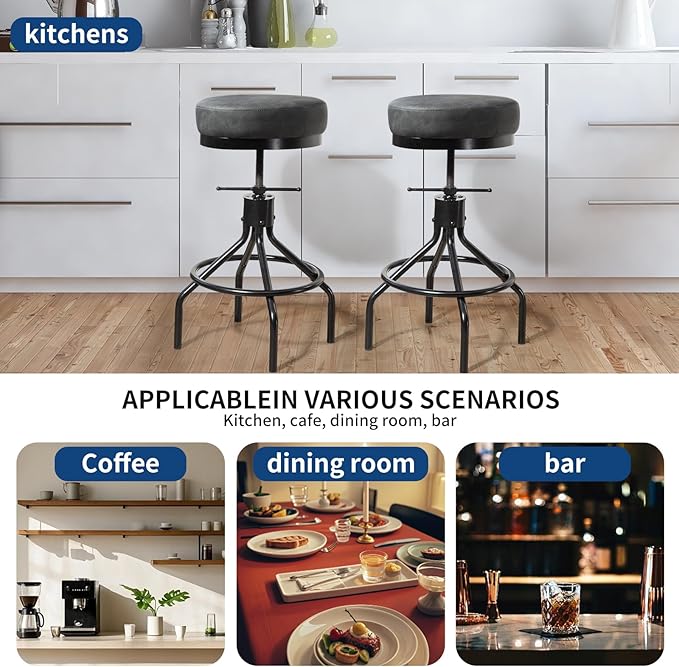 Grey Swivel Bar Stools Set of 2 Adjustable Swivel Round Barstools Modern PU Leather 28inch Industrial Backless Counter Height Stool Bar Chair for Kitchen Island (2, Grey)