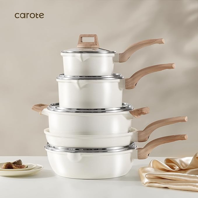 CAROTE 11 Piece Pots and Pans, Ceramic Cookware Non Stick Health Induction Cookware Kitchen Cooking Set with Saucepan Set, PFAS Free