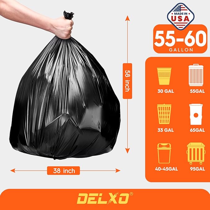 DELXO 55-60 Gallon Trash Bags, 150 Count Heavy Duty Large Black Garbage Bags, Thick Durable and Puncture-Resistant Plastic Bags for Kitchens, Yards & Offices, Made in USA