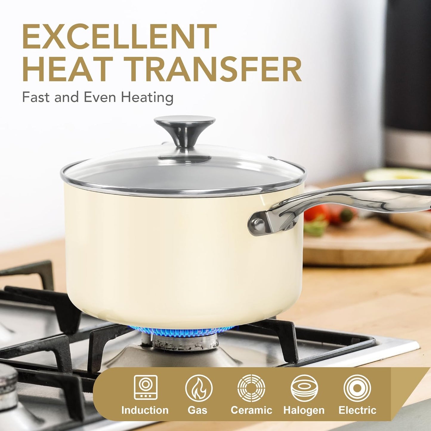 MICHELANGELO 3 Quart Saucepan with Lid - Non Toxic Sauce Pan with Nonstick Ceramic Coating, Scratch-Resistant, Induction Saucepan Suitable for All Stovetops, Beige