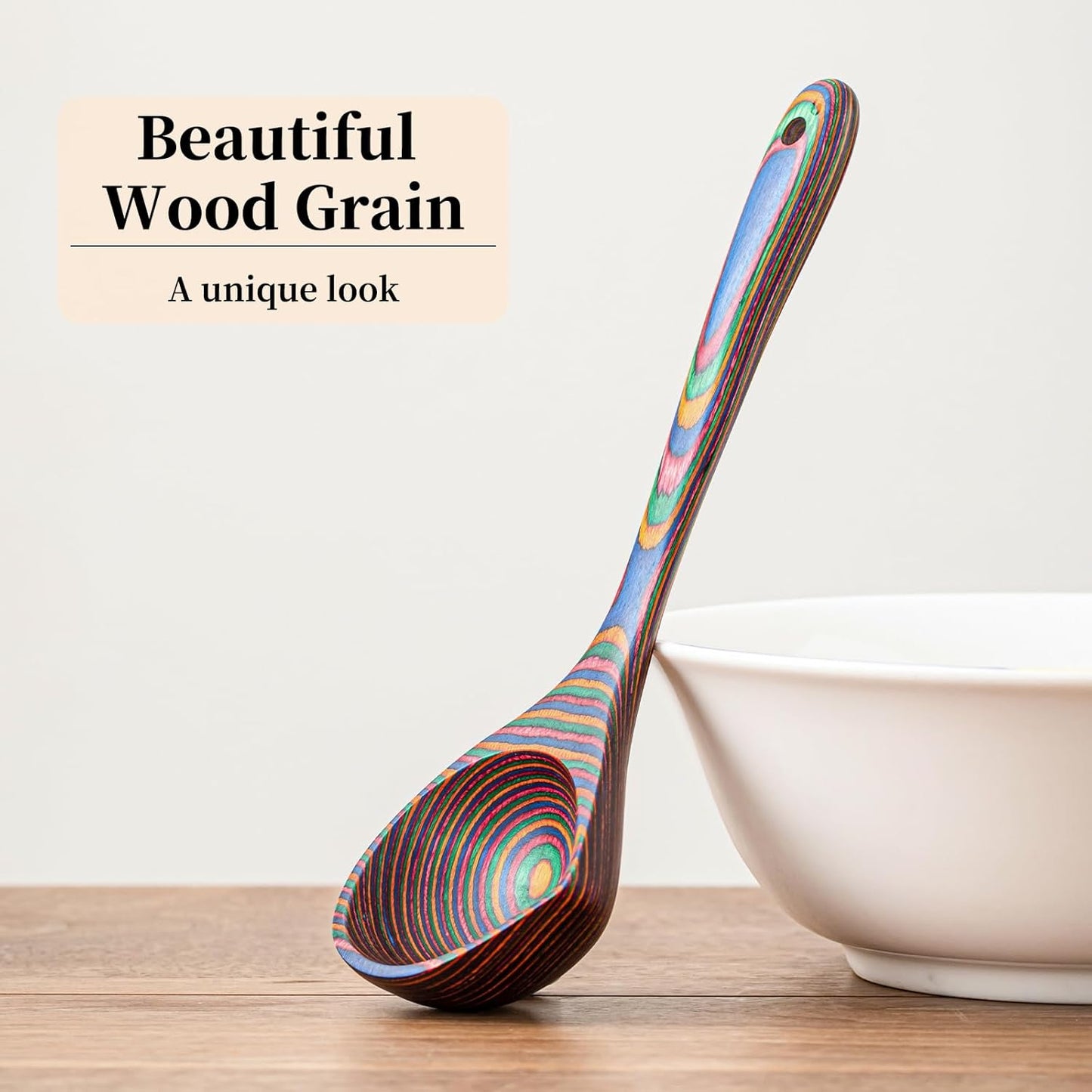 Gudamaye Pakkawood Rainbow Deep Soup Ladle with Spout, 9.6 inch Big Soup Ladle for Cooking
