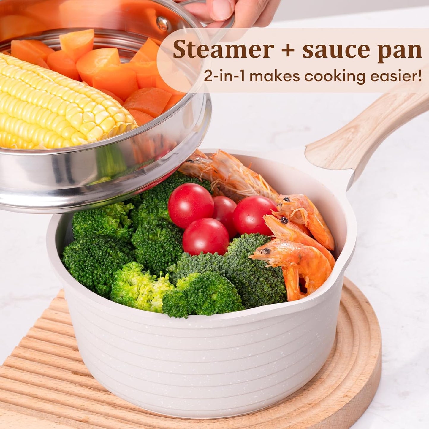 JEETEE 2.5 Quart Saucepan with Steamer Basket, Small Sauce Pot with Lid,Nonstick Coating with Pour Spout, Induction Compatible Cookware Sauce Pan for Cooking, PFOA/PFOS Free