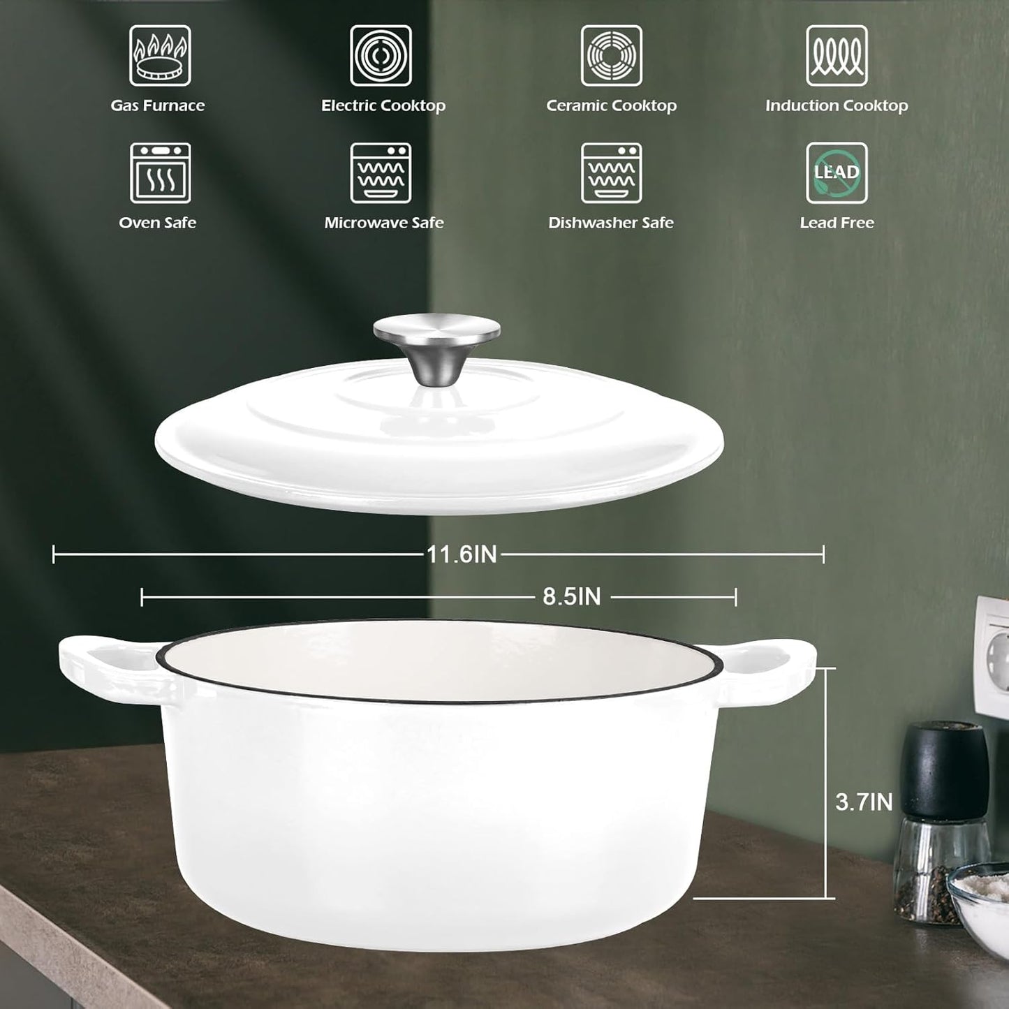 3QT Dutch Oven Pot with Lid, Leonyo 3 Quart Enameled Cast Iron Dutch Oven for Sourdough Bread Baking, Heavy Duty Cookware for Braising, Stews, Roasting, White