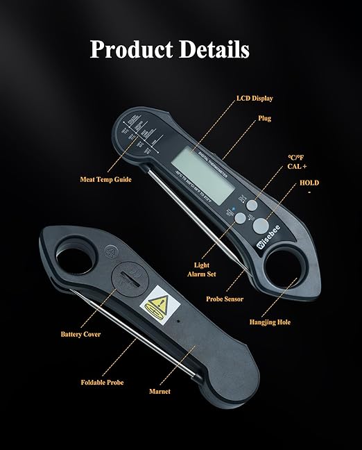 Wisebee 2-in-1 Meat Thermometer, Digital Instant Read Food Kitchen Thermometer with Dual Probes | Waterproof | Alarm Set | Calibration | Backlit | Hold Function for Cooking (Black)