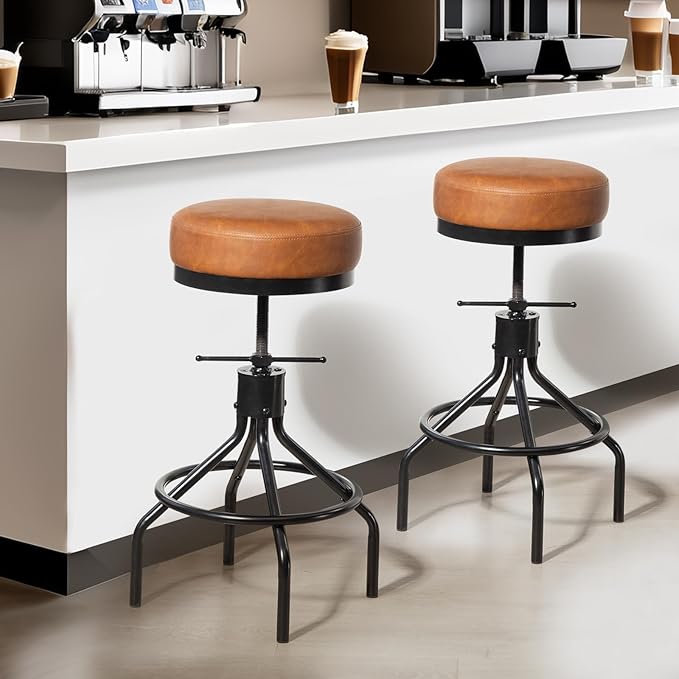Industrial Bar Stools Adjustable Swivel Round Barstools Modern PU Leather 28inch Backless Counter Height Stool Metal Bar Chair for Kitchen Island (1, Brown)