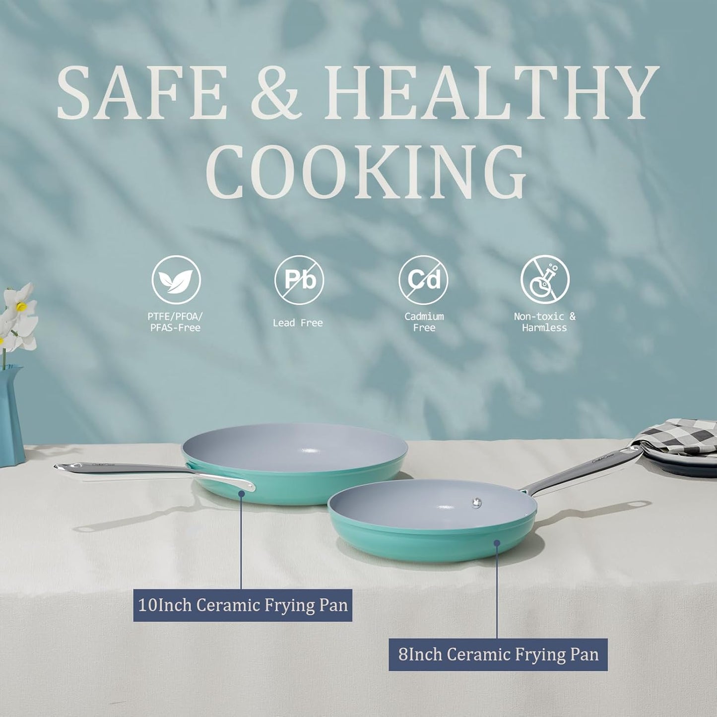 Nonstick Ceramic Frying Pan 10 Inch for Induction Cooktop - Non Toxic, PTFE/PFOA/PFAS Free, Oven & Dishwasher Safe up to 500ยฐF - Non Stick Skillet with Stay-Cool Handle - Caribbean Blue