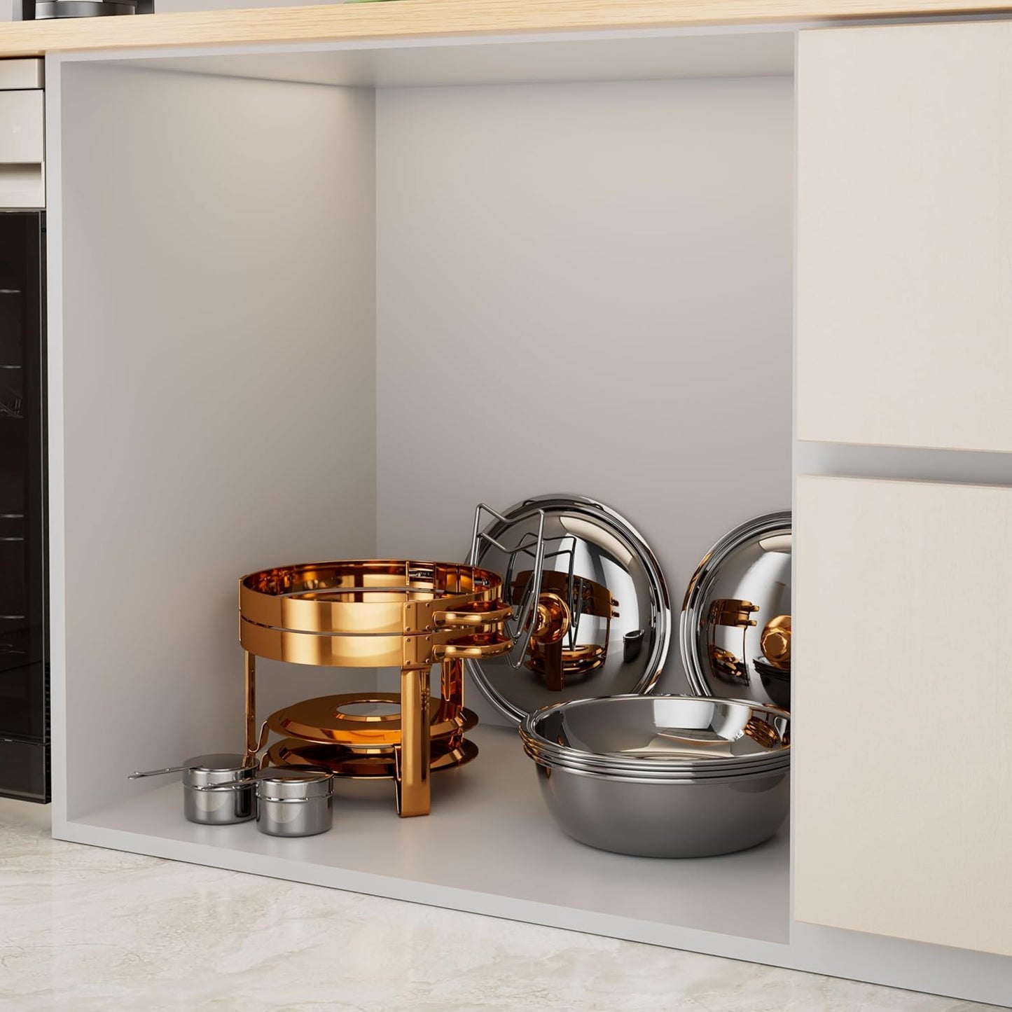 Chafing Dishes for Buffet, 4 Pack 5QT Round Stainless Steel Chafing Dish Set for Home Parties, Christmas Gatherings, Catering Events Complete Buffet Warmer Set (Rose Gold 2)