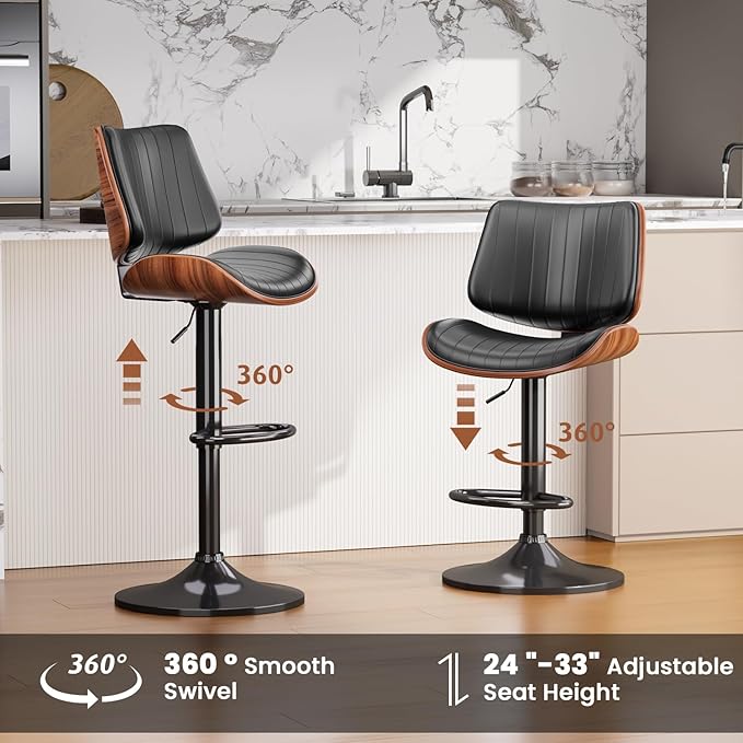 Swivel Bar Stools Set of 2, Adjustable Bentwood Barstools for Kitchen Counter, Mid-Century Modern PU Leather Upholstered Bar Chair with Back and Footrest, for Kitchen Island, Bar, Dining Room, Black