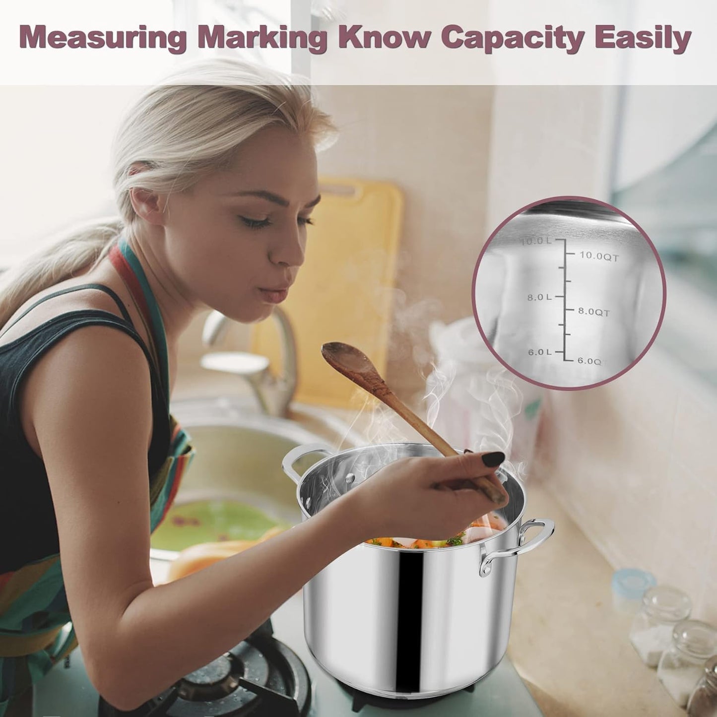 LIANYU 12QT 18/10 Stainless Steel Stockpot with Lid, Large Cooking Soup Pot, Big Cookware, 12 Quart Tall Canning Pasta Induction Pot with Measuring Mark for Boiling Strew Simmer