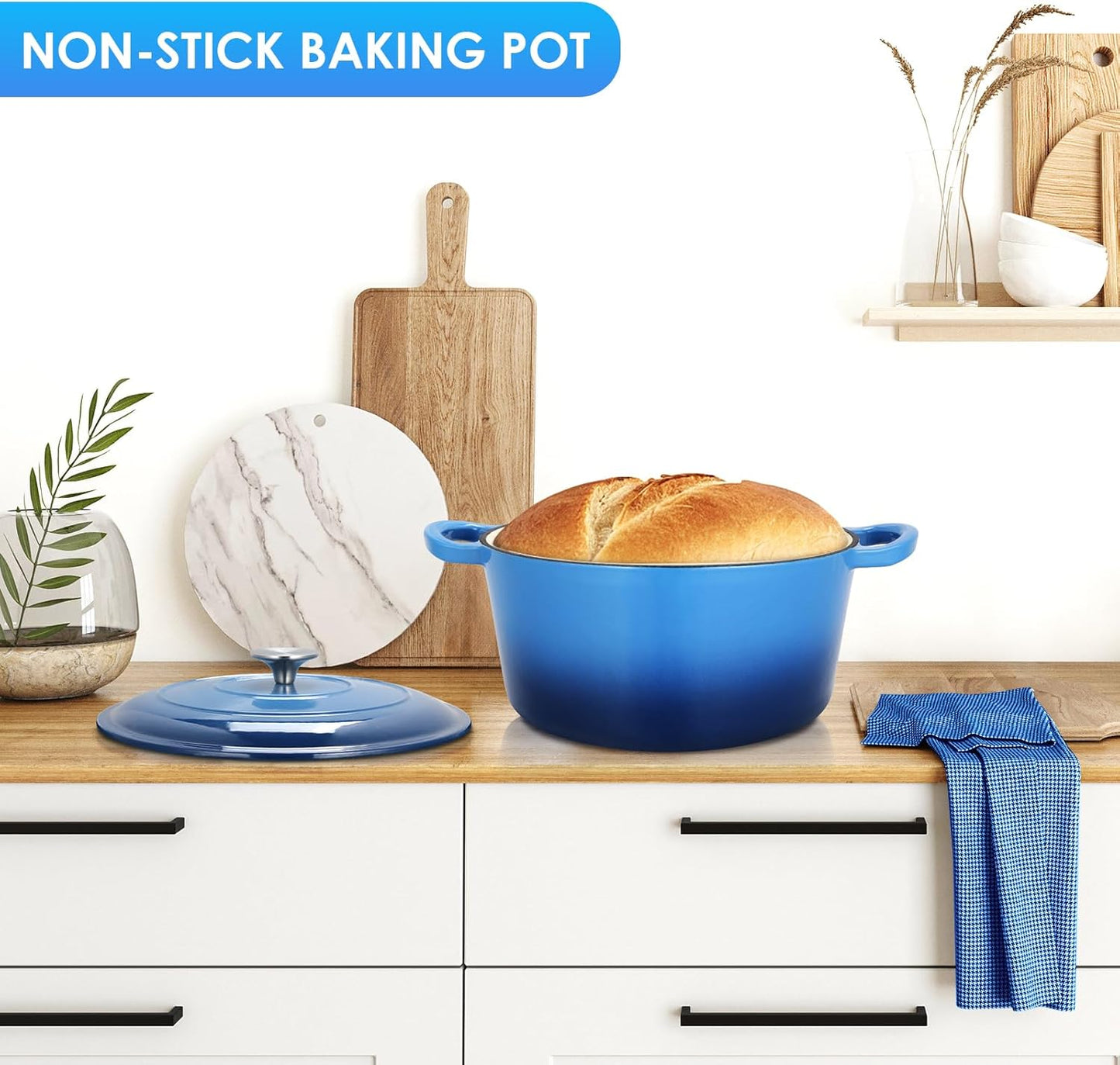 LIFERUN 6 Qt Enameled Cast Iron Dutch Oven Pot with Lid,Oven Safe up to 500° F, Non-Stick Dutch Oven with Dual Handles for Bread Baking, Fry Foods, Braising, Stews, Roasting (Blue)