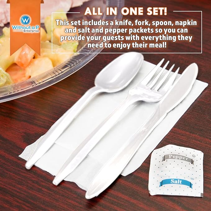 Bulk Heavy Weight Cutlery Individually Wrapped White Plastic Cutlery Knife, Spoon, Fork Pack with Napkin and Salt and Pepper Packets - Extra Strong & Resistant