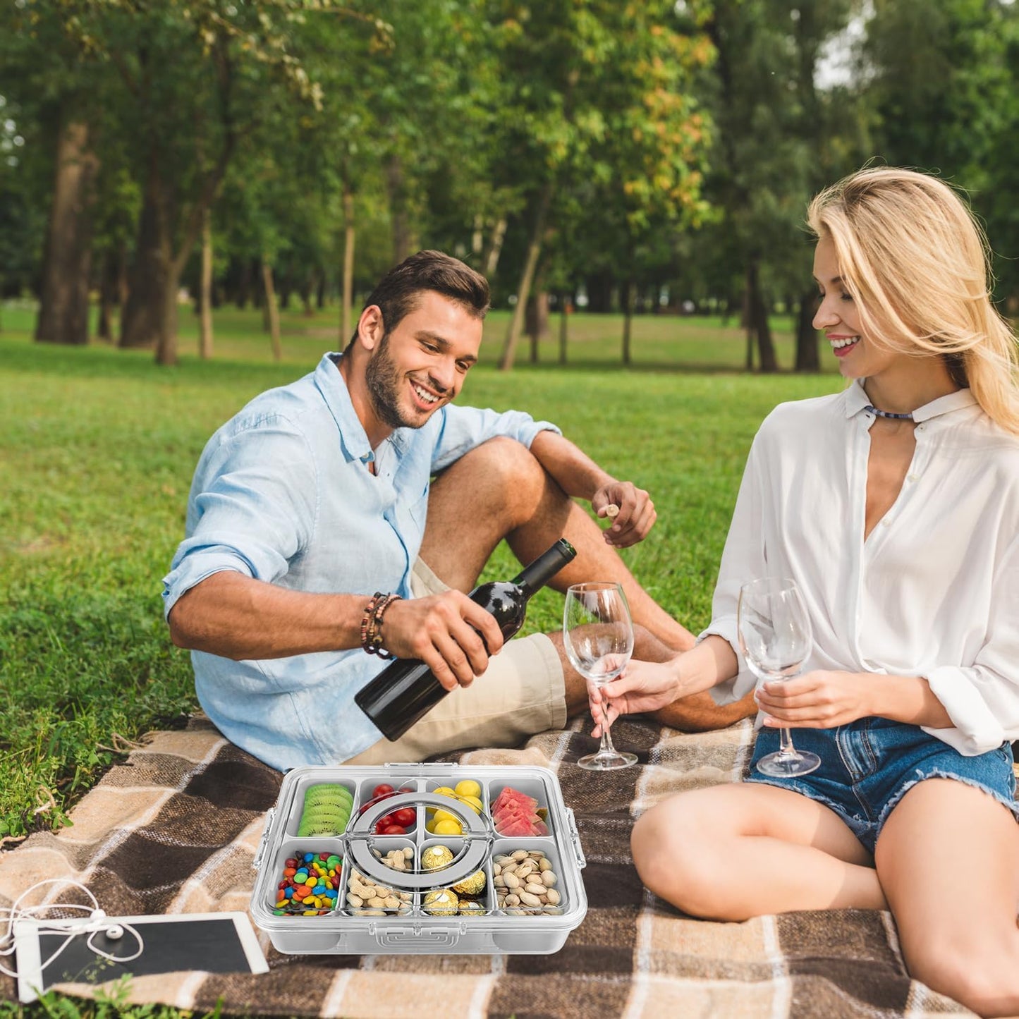 Divided Serving Tray with Lid and Handle,8 Compartments Snacks Box,Snack Fruit and Veggie Tray,Portable Platter for Candy Fruits Nuts Snack Party Entertaining Picnic (2 PCS Grey)