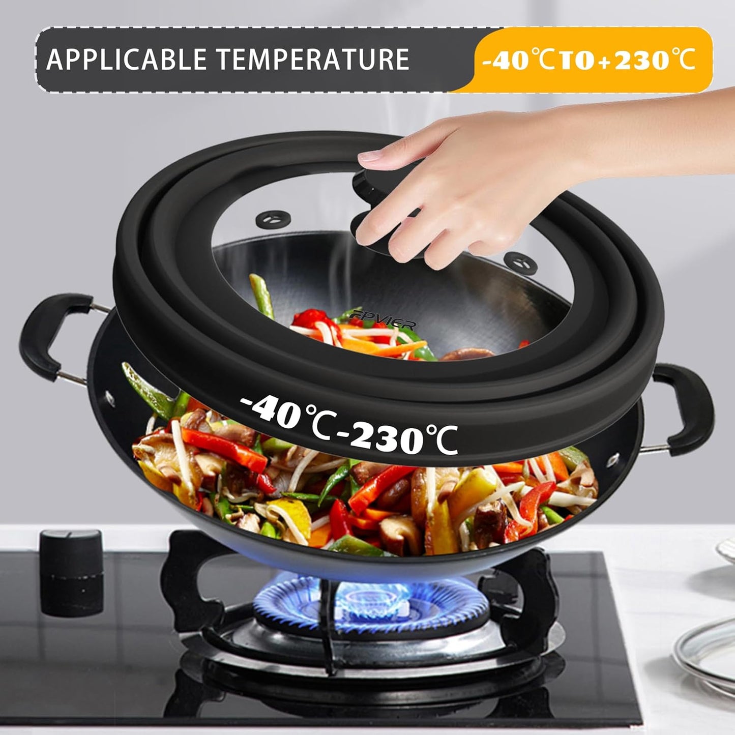 Collapsible Microwave Splatter Cover - Vented Silicone & Glass Lid with Easy-Grip Handle, Fits 6 to 8 Inch Plates & Bowls, 9 Inch Diameter, Prevents Splatters & Ensures Even Heating