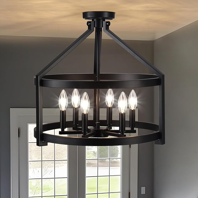 6-Light Black Farmhouse Chandelier for Dining Room,20" Modern Hanging Pendant Lighting for Kitchen Island,Rustic Semi Flush Mount Ceiling Light Fixture Drum Chandeliers for Foyer Kitchen Entryway